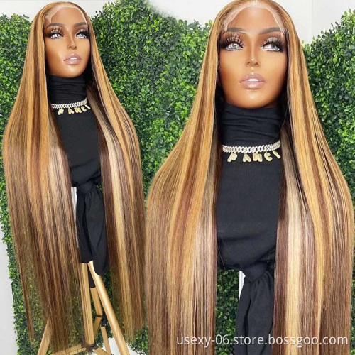Highlight 1B Honey Brown Color Straight Human Hair Lace Front Wig Virgin Brazilian Hair Highlight Wig Transparent HD Frontal Wig